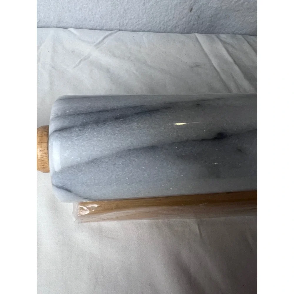 Gourmet Marble Rolling Pin with Wooden Handles and Cradle White Grey Veined 18in